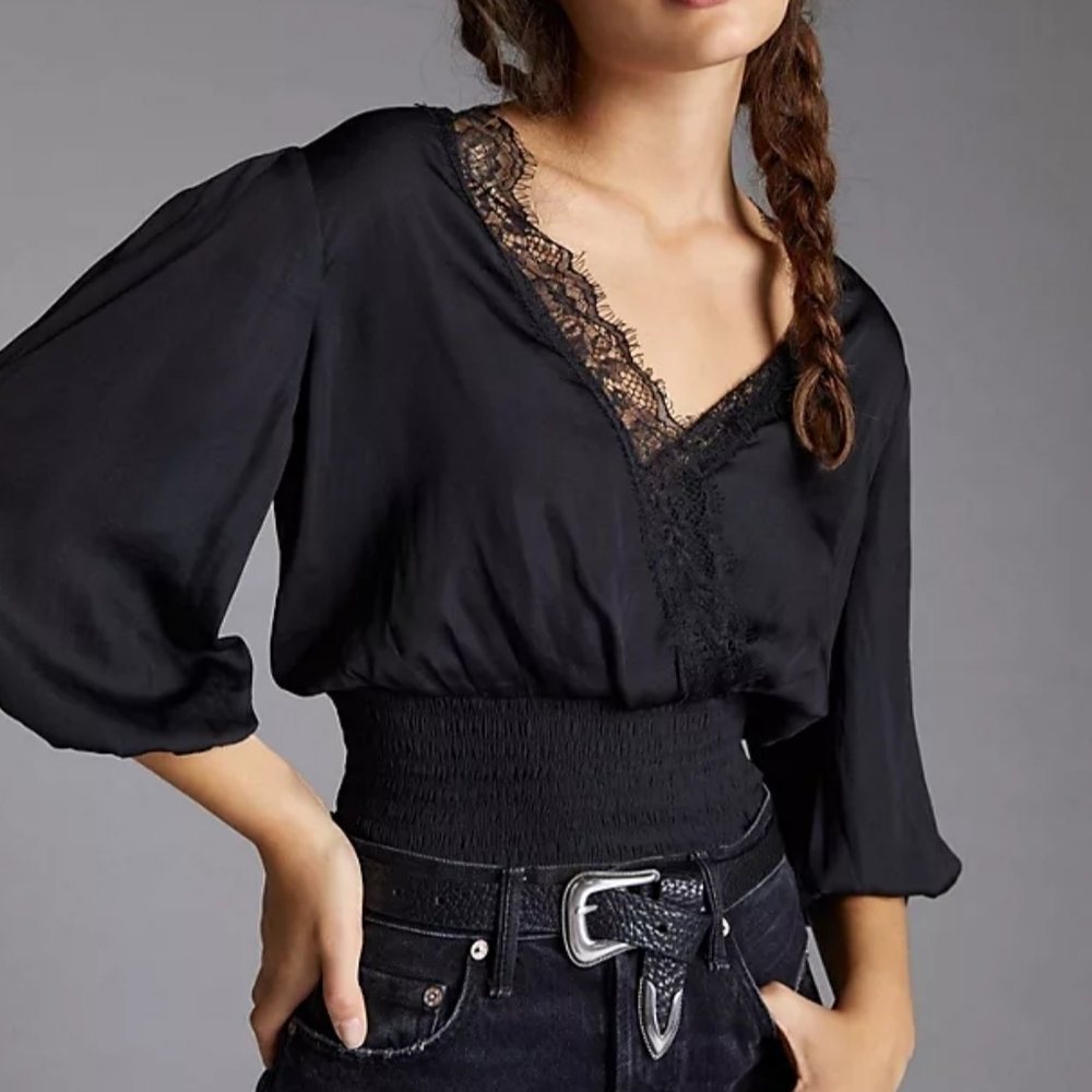Dolan Left Coast Deep-V Lace Blouse Black Women's Size XS